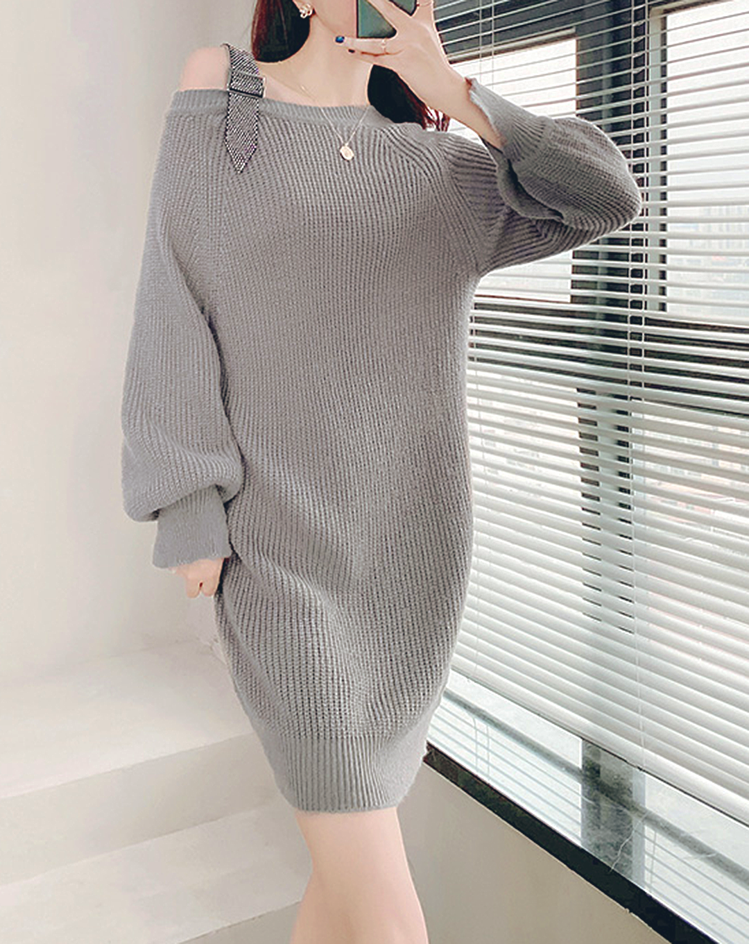 ♀Belt One Shoulder Knit Dress