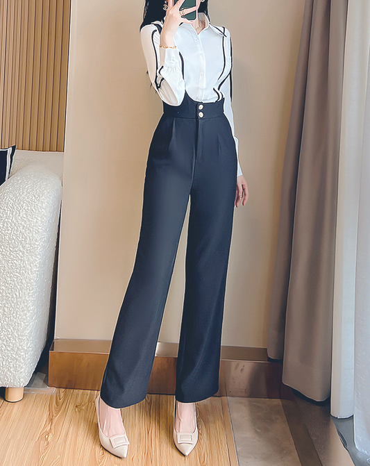 ♀Piping Shirt & One-shoulder Overalls