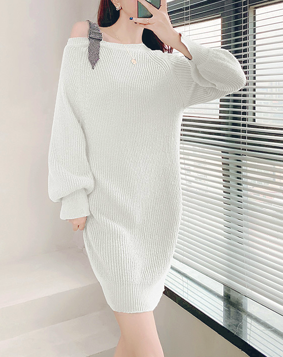 ♀Belt One Shoulder Knit Dress