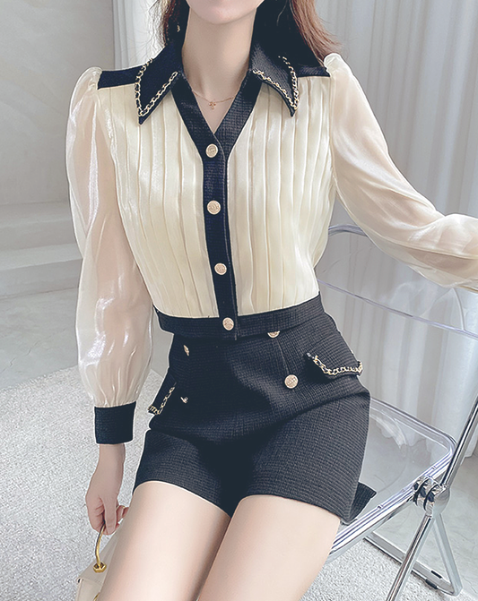 ♀Bicolor Shirt & High Waist Short Pants