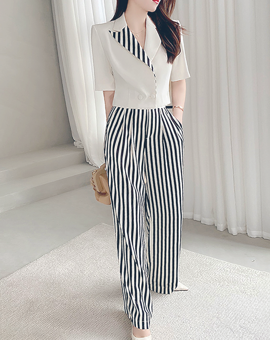 ♀Striped Jacket & Straight Pants