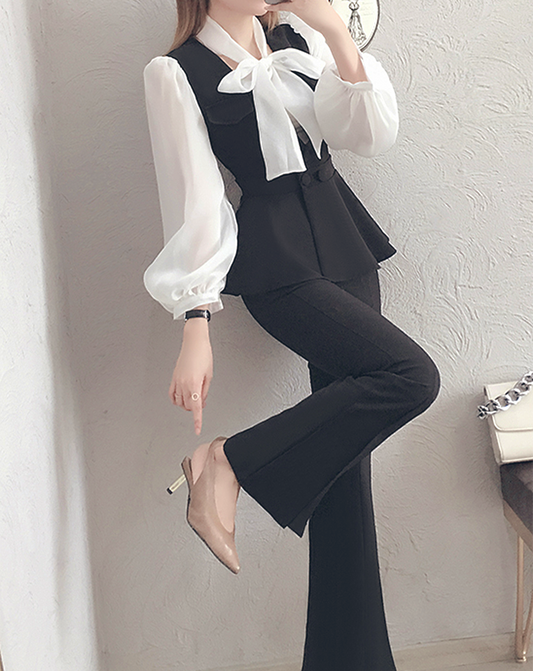 ♀Ribbon Blouse & Flared Vest & Pants