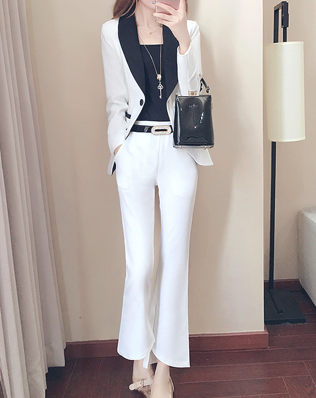 ♀Contrast Color Jacket & Slit Pants