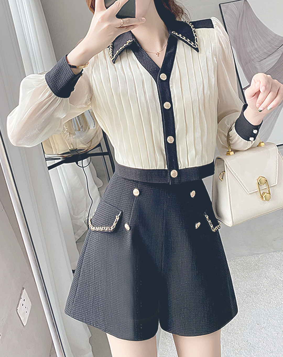 ♀Bicolor Shirt & High Waist Short Pants