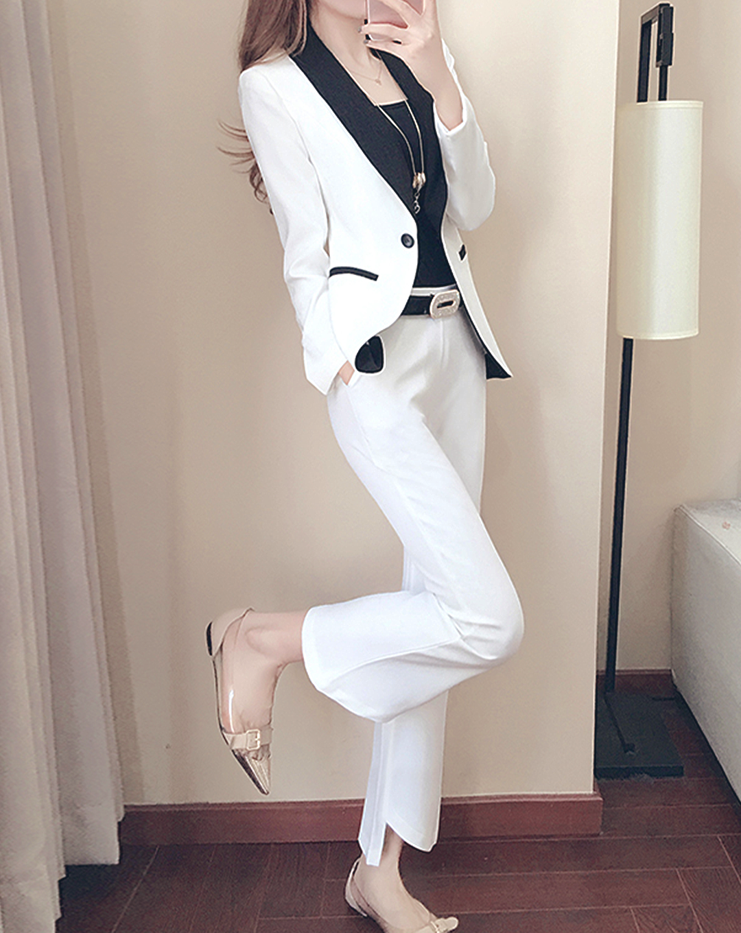 ♀Contrast Color Jacket & Slit Pants
