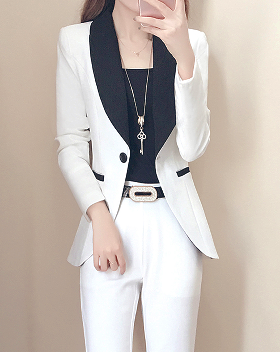 ♀Contrast Color Jacket & Slit Pants