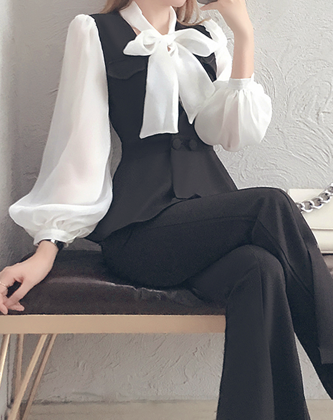 ♀Ribbon Blouse & Flared Vest & Pants