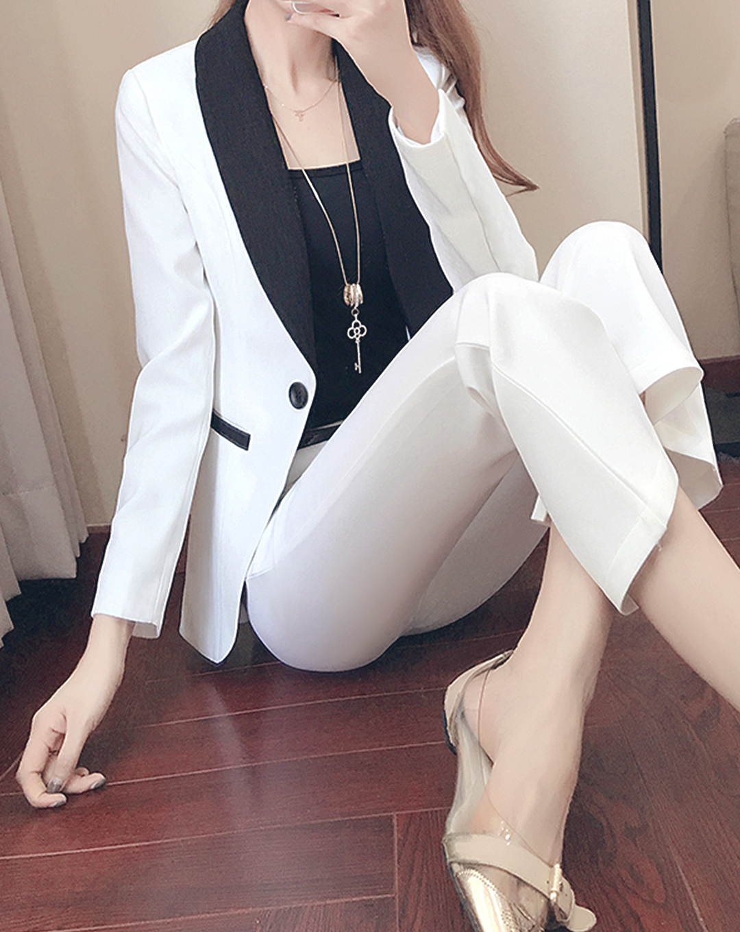 ♀Contrast Color Jacket & Slit Pants