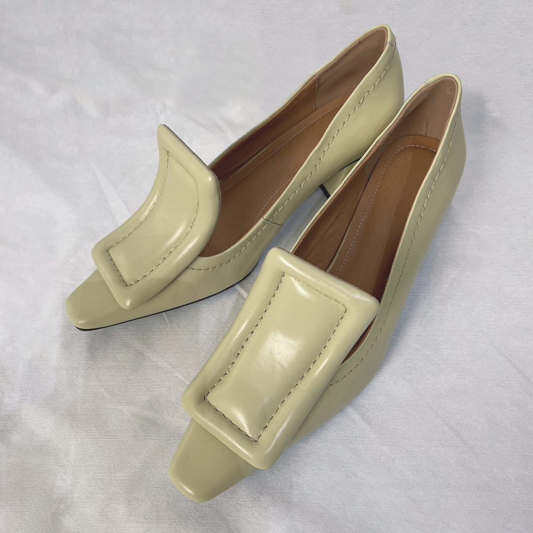 ♀ 本革/Square Parts Chunky Heel Pumps