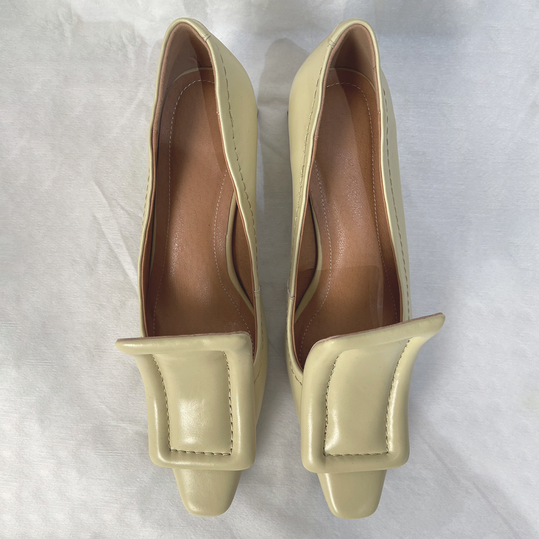 ♀ 本革/Square Parts Chunky Heel Pumps