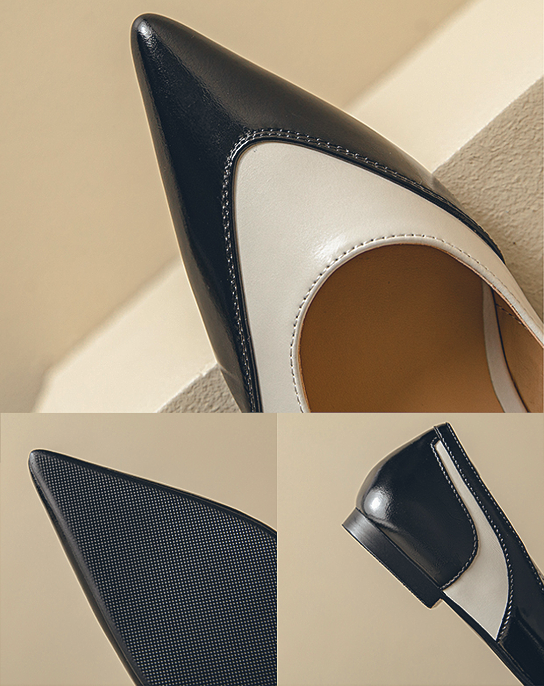 ♀本革/Bicolor Low Heel Pointed Toe Pumps