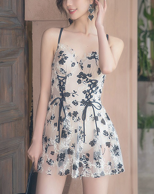 ♀Floral Lace Up Dress Swimsuit