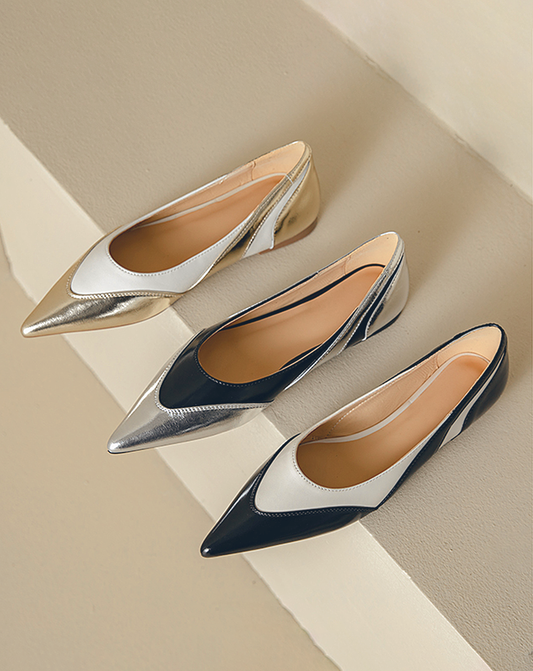 ♀本革/Bicolor Low Heel Pointed Toe Pumps