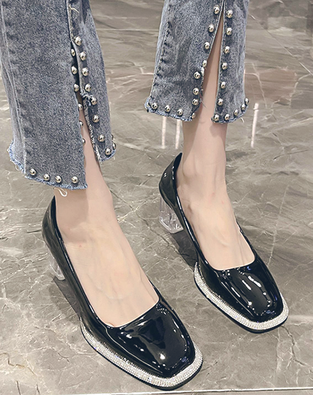 ♀Square Toe Clear Heel Pumps