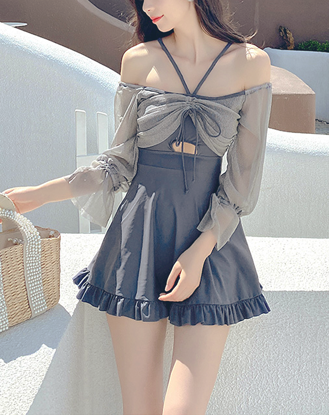 ♀Front Drawstring Sheer Swimsuit