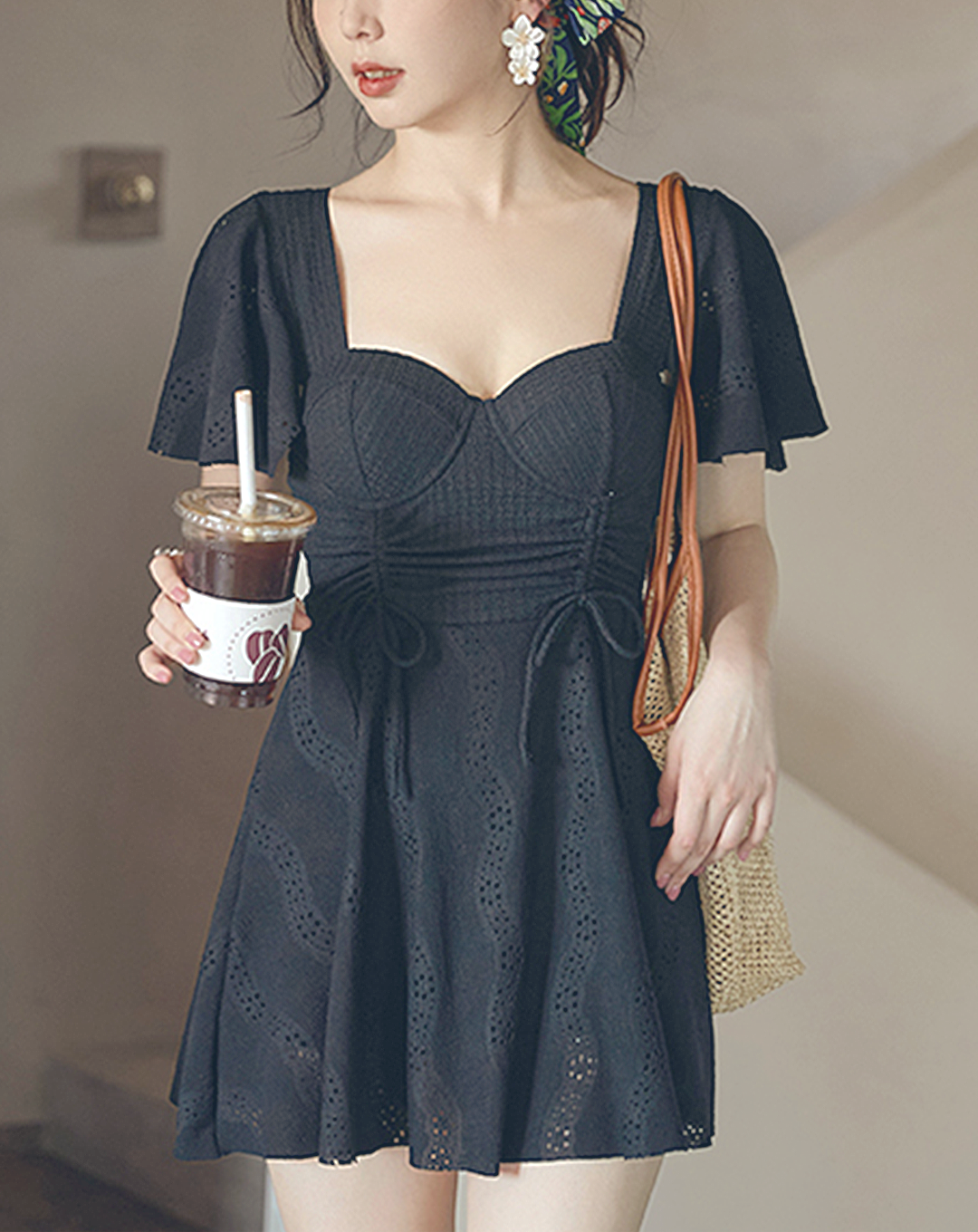 ♀Waist Drawstring Dress Swimsuit