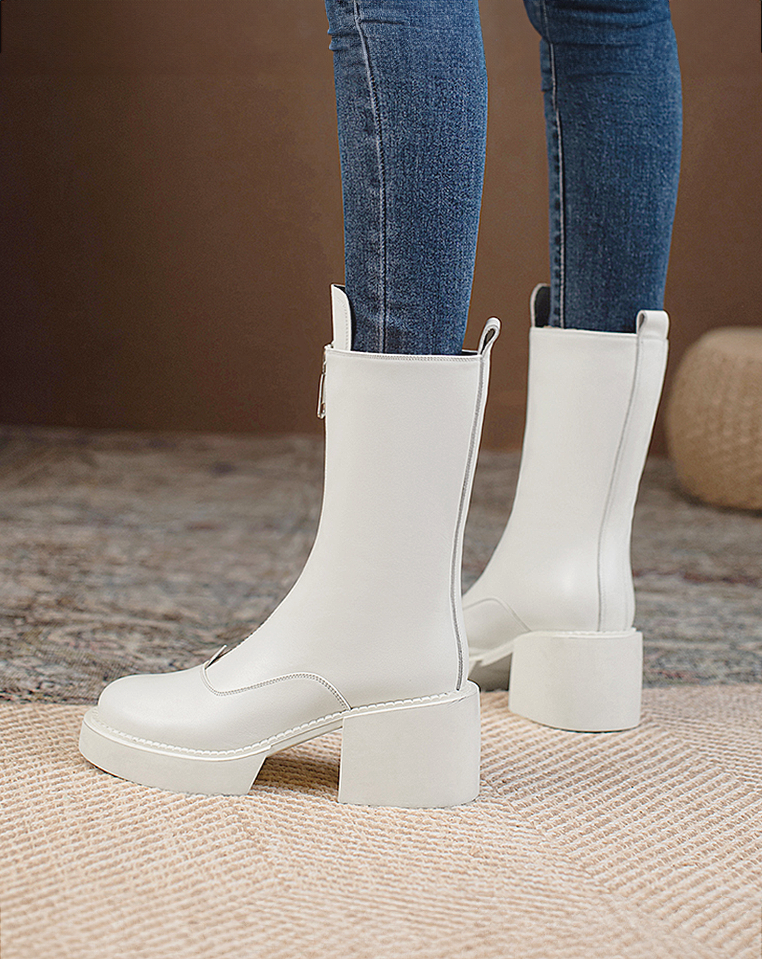 ♀本革/Zip-Up Middle Boots