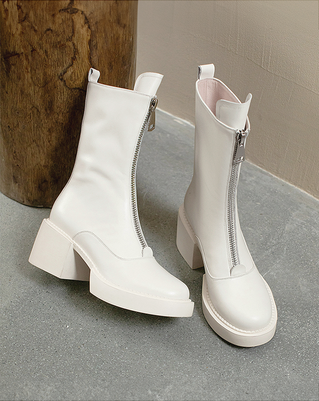 ♀本革/Zip-Up Middle Boots