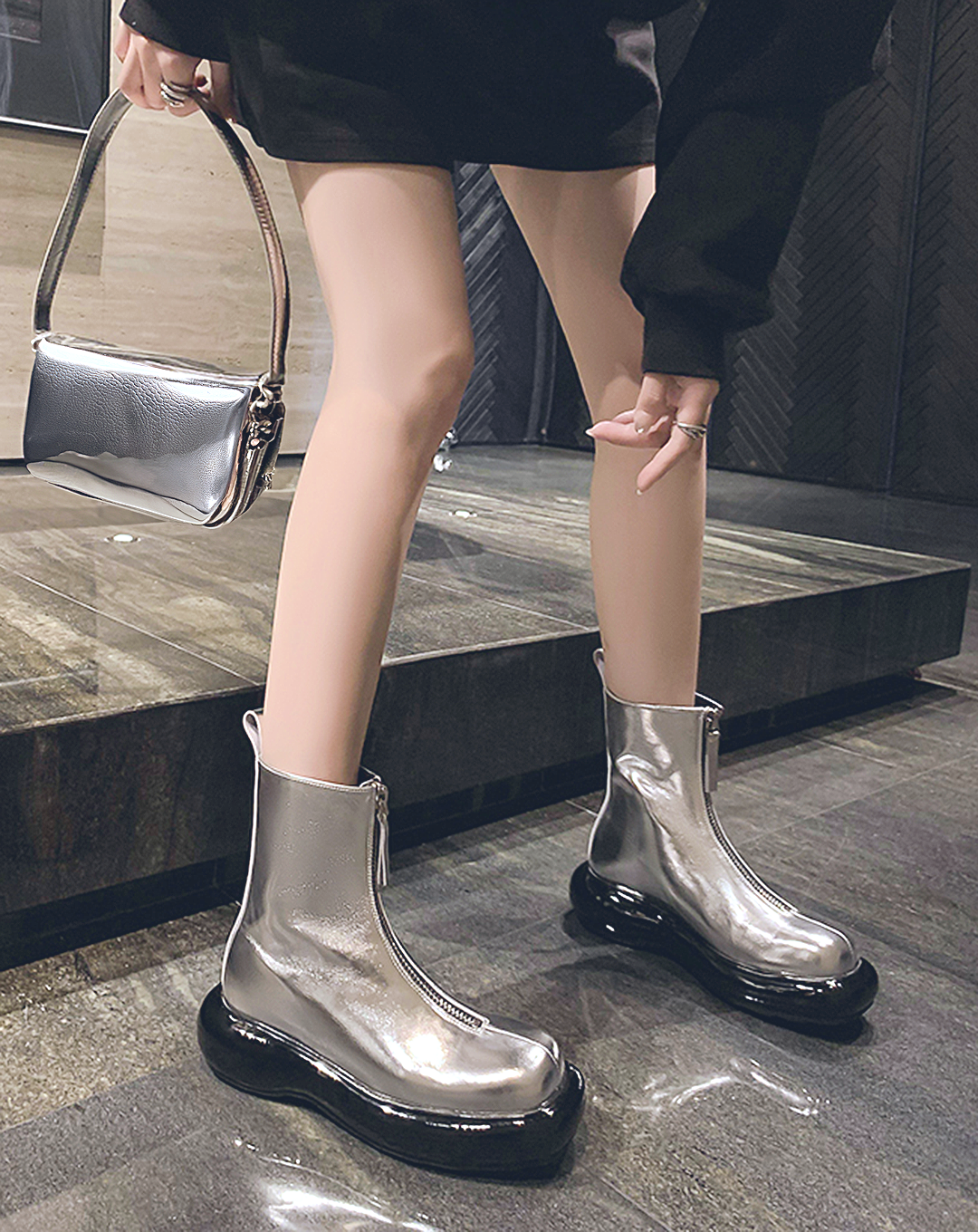 ♀本革/Center Zip Leather Platform Boots