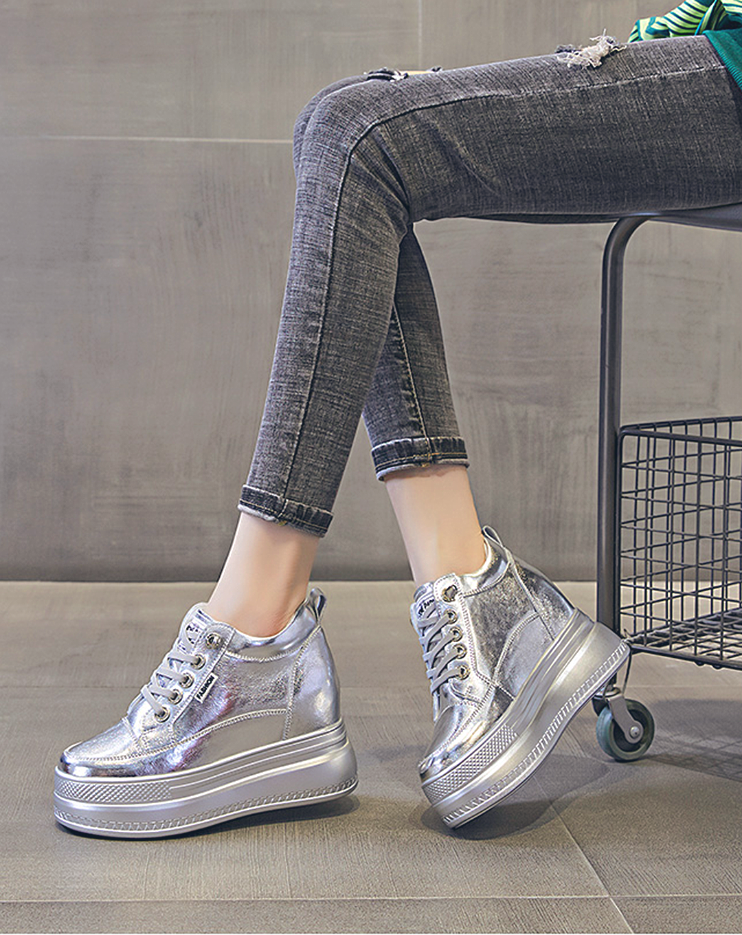 ♀本革/Silver Chunky Platform Sneakers