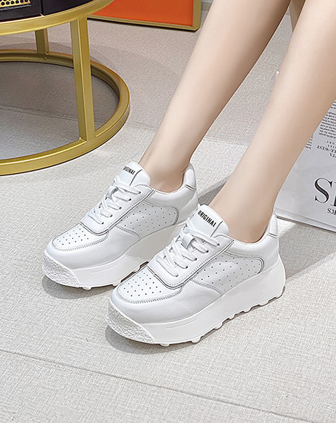 ♀本革/White Platform Sneakers