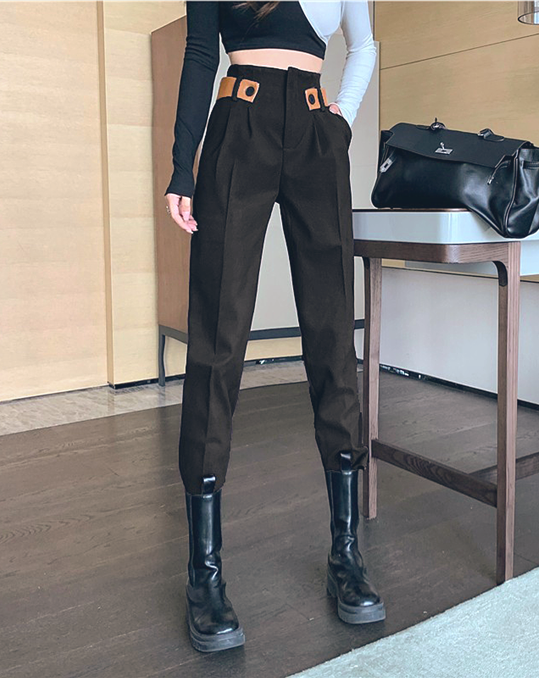 ♀High Waist Point Belt Pants
