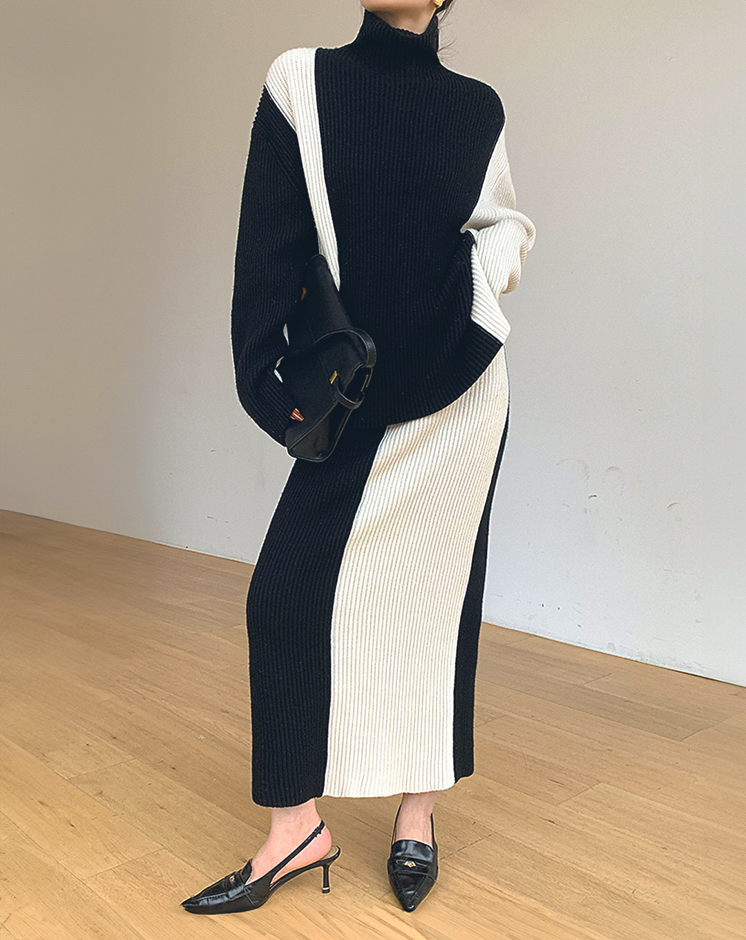 ♀Bicolor High Neck Knit & Skirt
