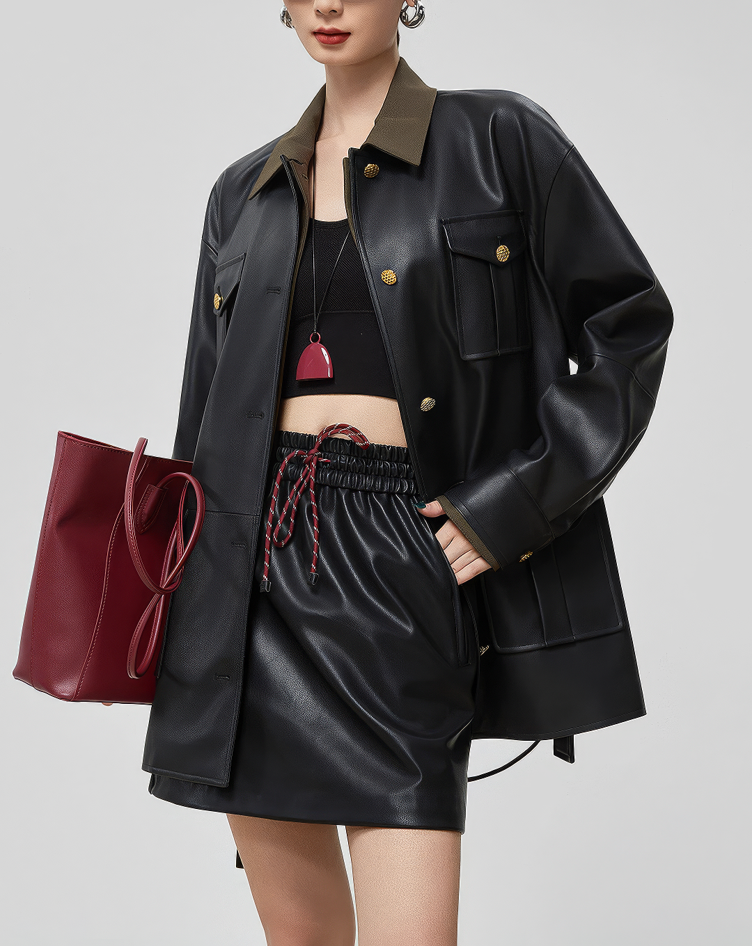 ♀Olive Collar Leather Jacket