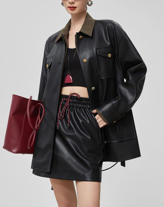♀Olive Collar Leather Jacket