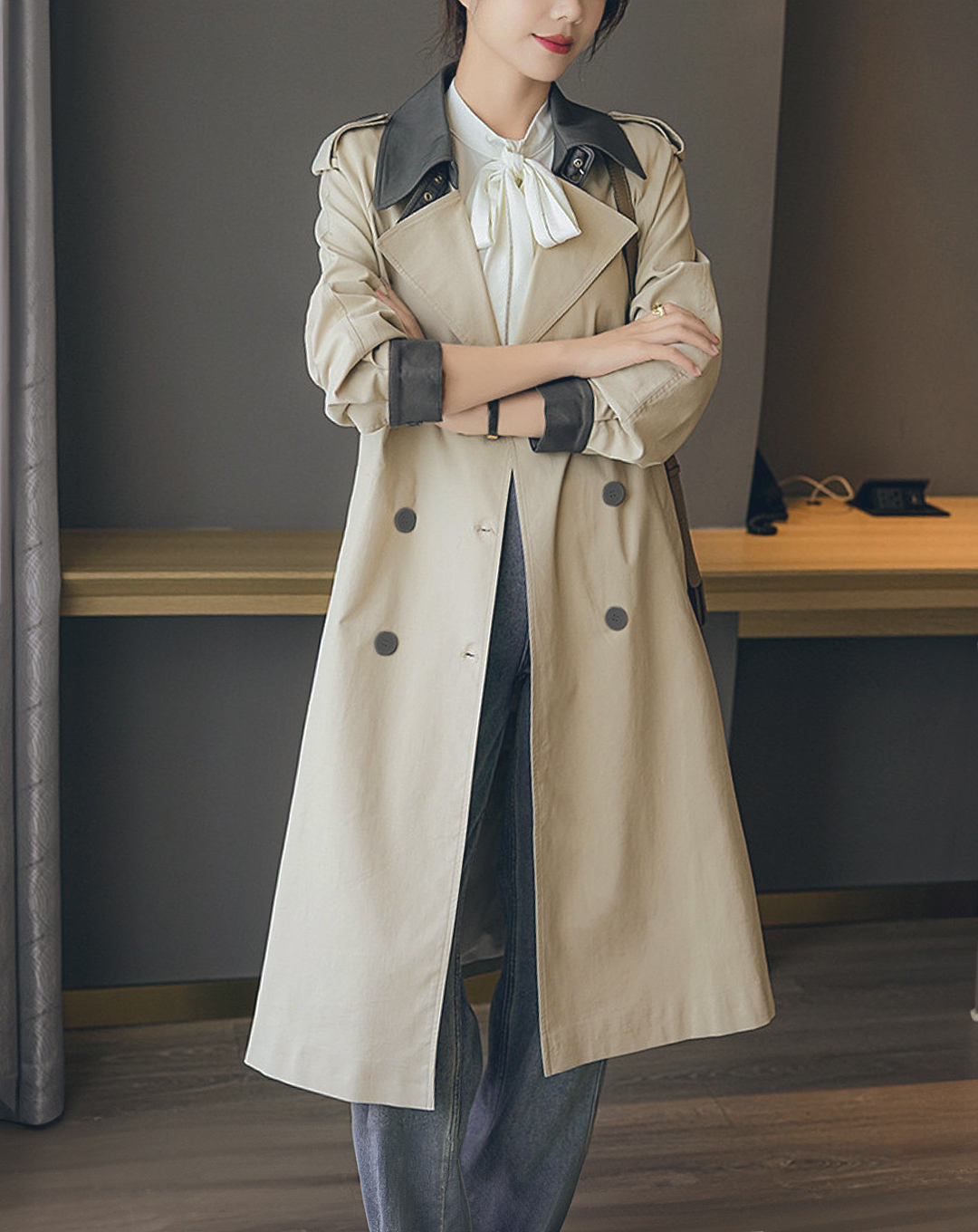 ♀Bicolor Soutien Collar Trench Coat