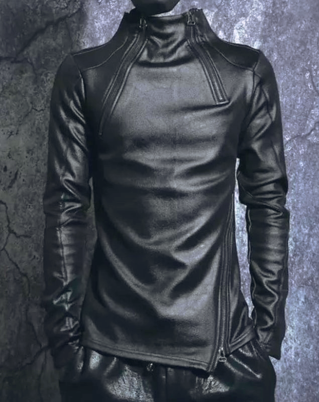 ♂Asymmetric Zip High Neck Leather Tops