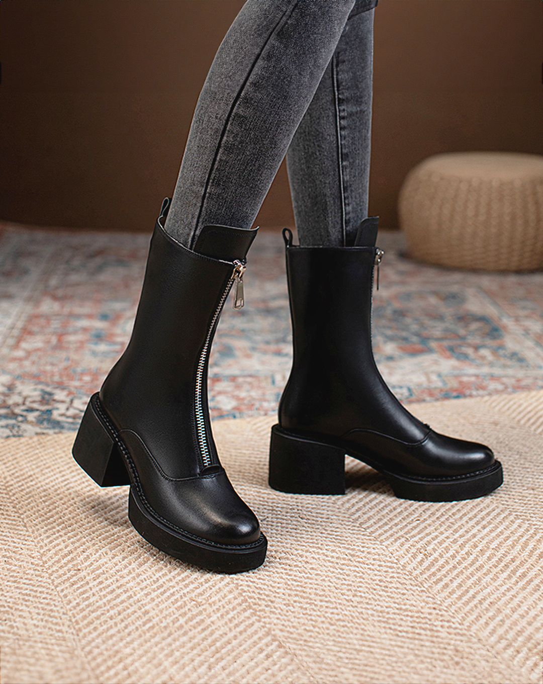 ♀本革/Zip-Up Middle Boots