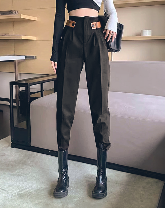 ♀High Waist Point Belt Pants