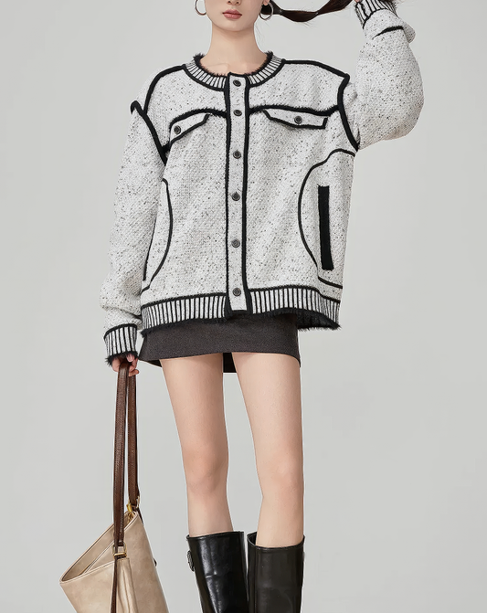 ♀Tweed Contrast Piping Cardigan