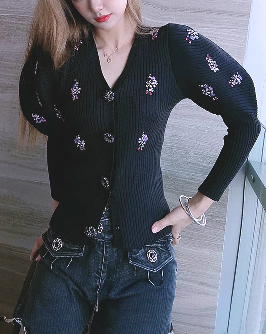 ♀Puff Sleeve Rib Cardigan