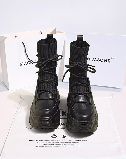 ♀Ribbed Sock Lace Up Boots