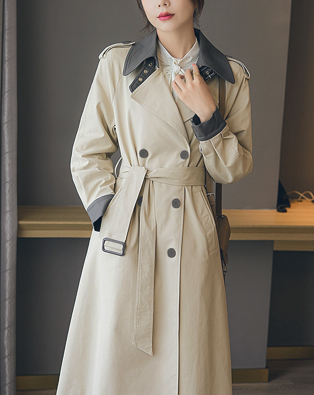 ♀Bicolor Soutien Collar Trench Coat