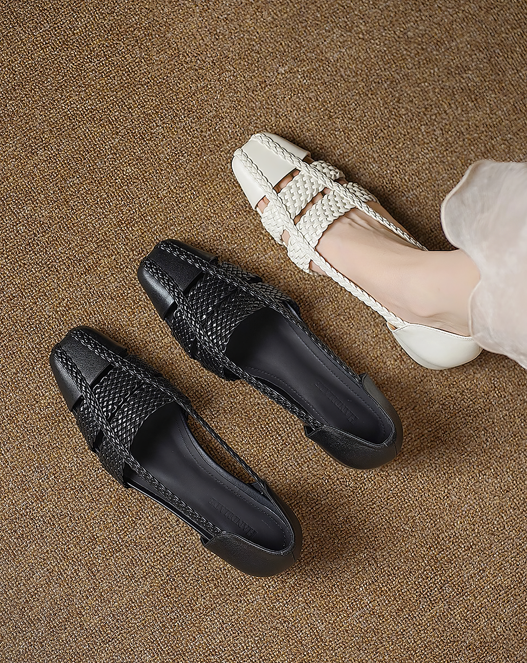 ♀本革/Woven Square Toe Shoes