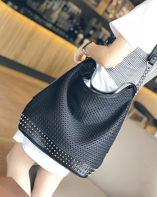 本革/Mesh and Studs Design Leather Bag