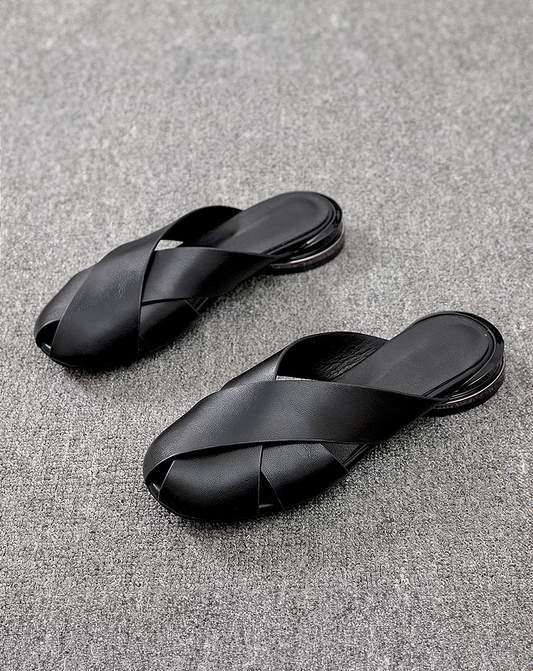 ♀本革/Black Flat Mule Sandals