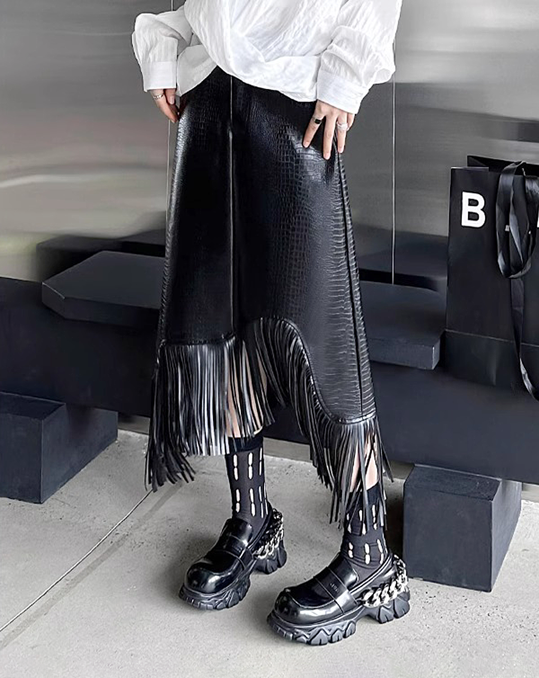 ♀Leather Fringe Skirt