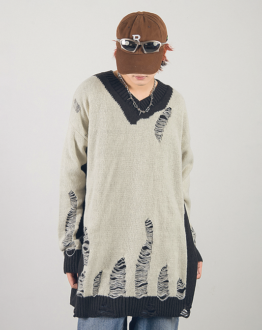 ♀Damaged V-Neck Knit