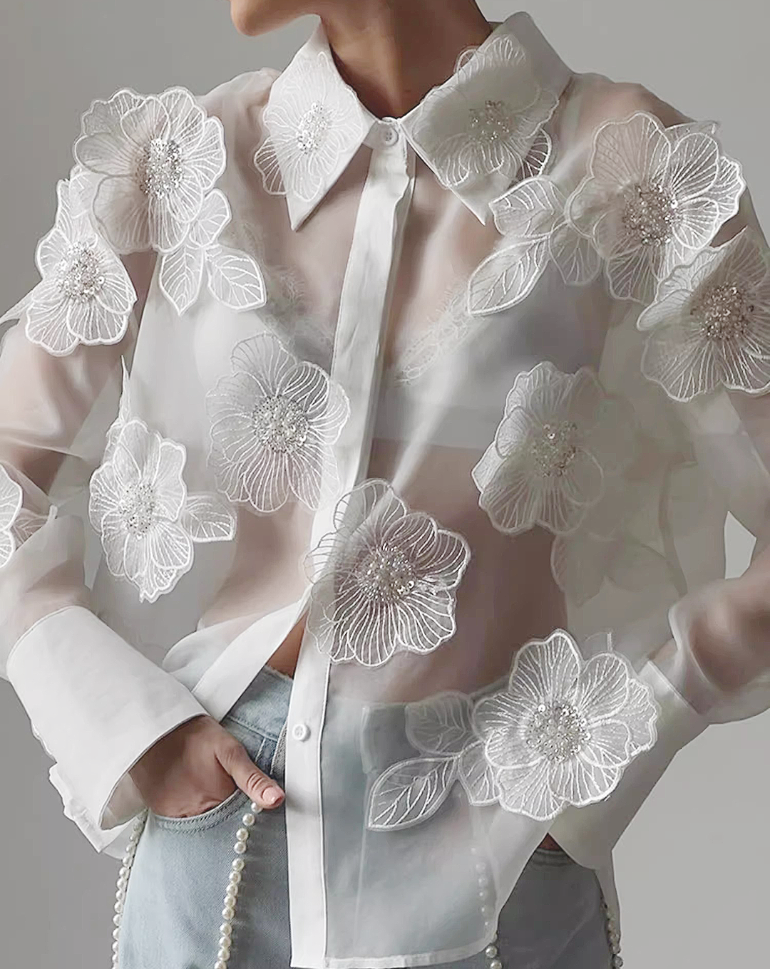 ♀Flower Motif Sheer Shirt