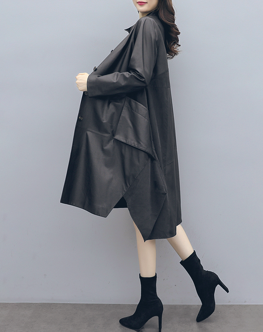 ♀Stand Collar Leather Long Shirt