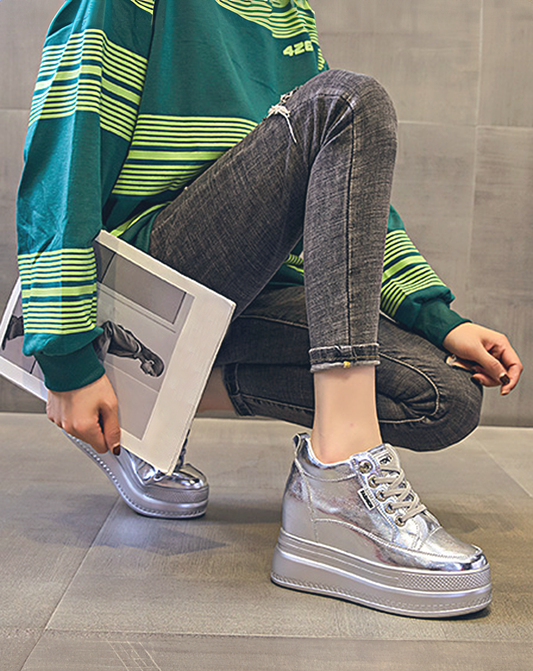 ♀本革/Silver Chunky Platform Sneakers