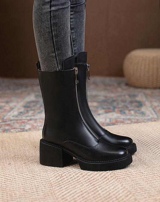 ♀本革/Zip-Up Middle Boots