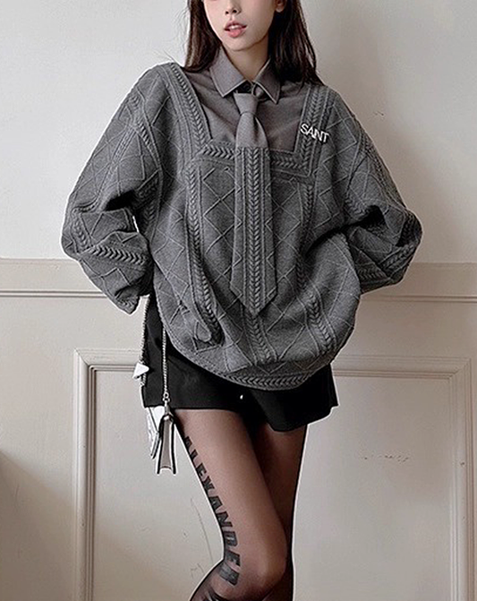 ♀Layered Collar Knit Sweat
