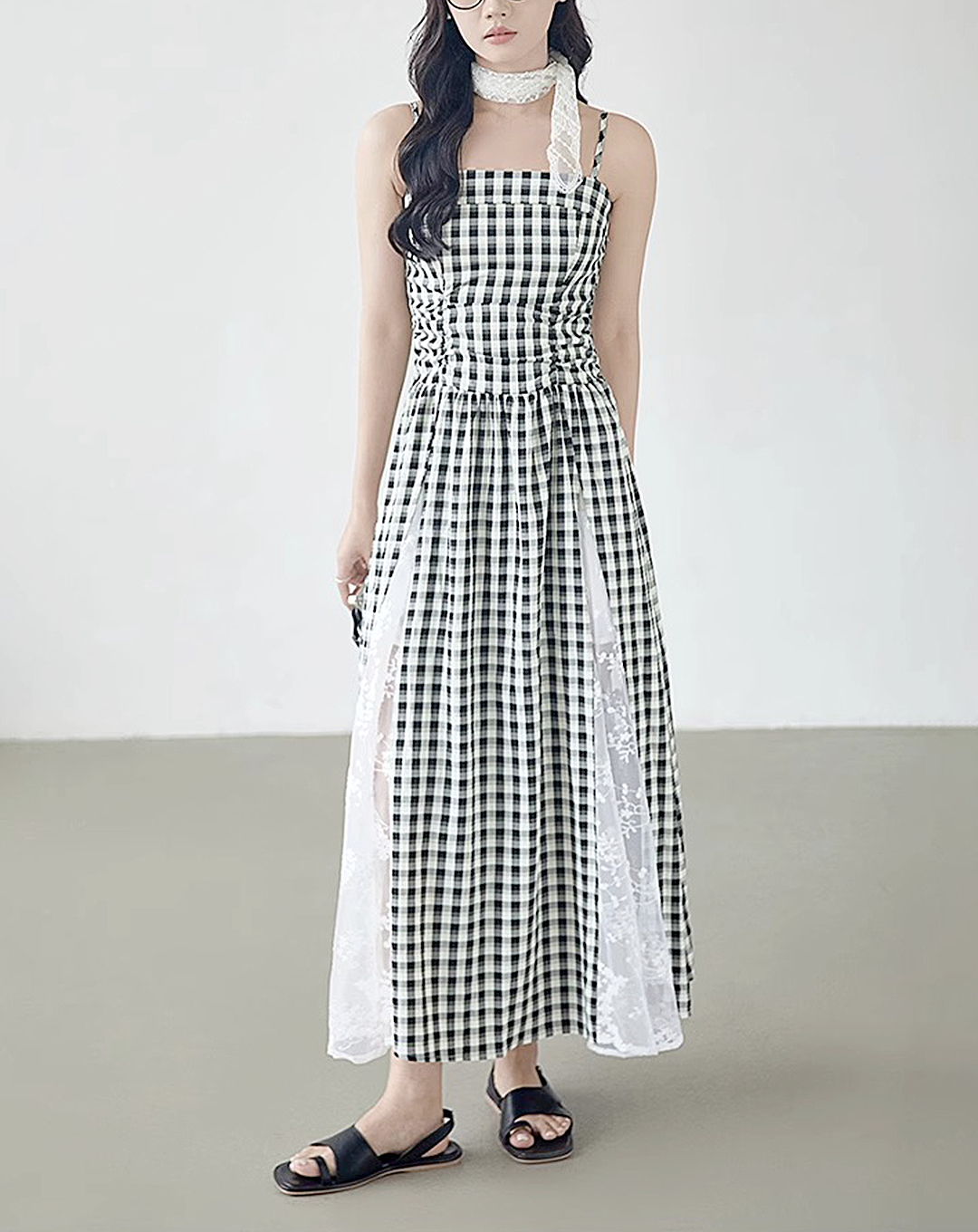 ♀Gingham Lace Dress