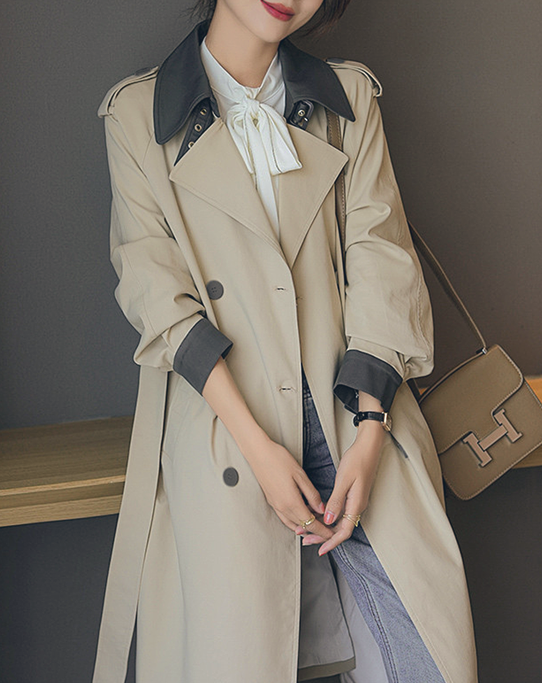 ♀Bicolor Soutien Collar Trench Coat