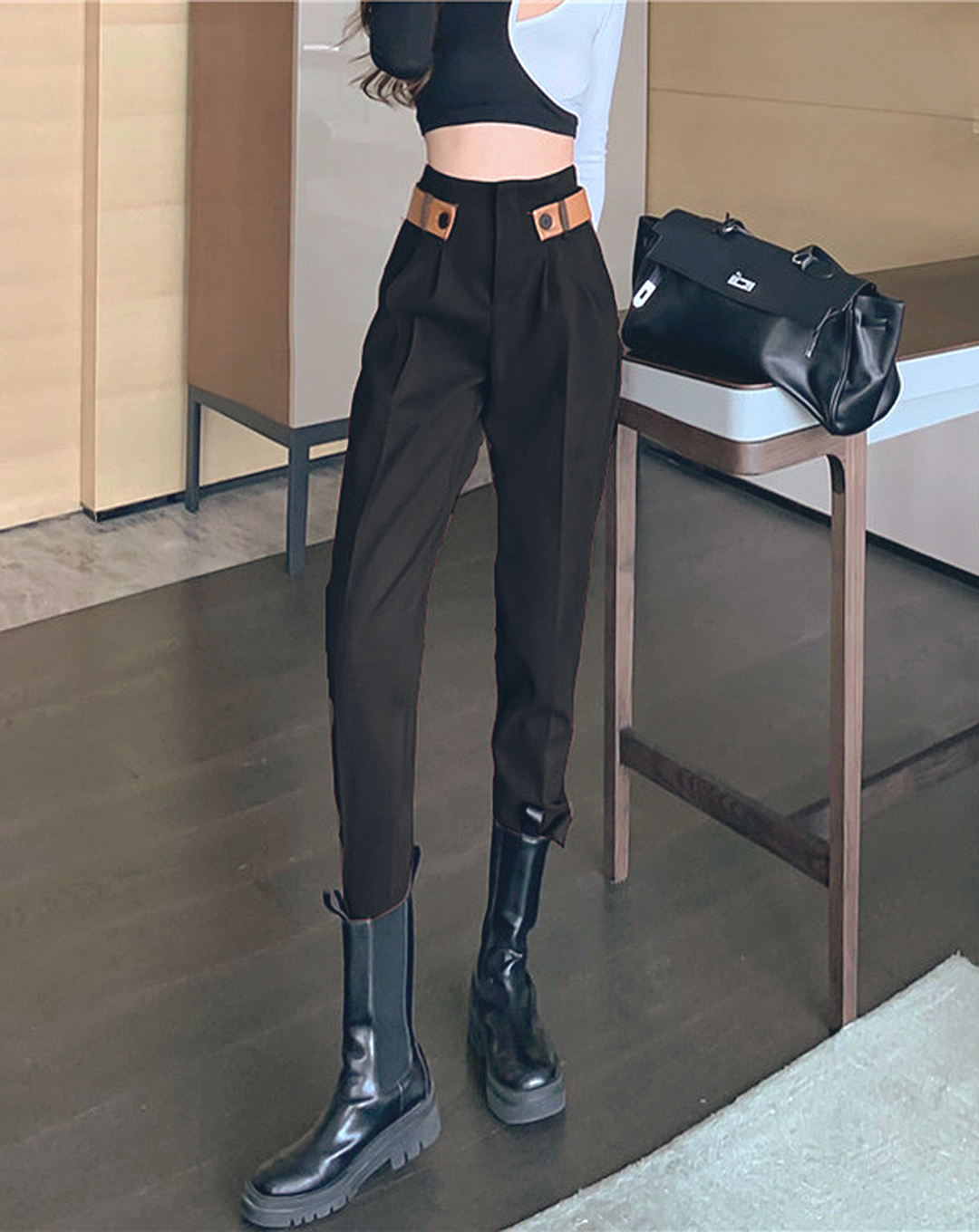 ♀High Waist Point Belt Pants